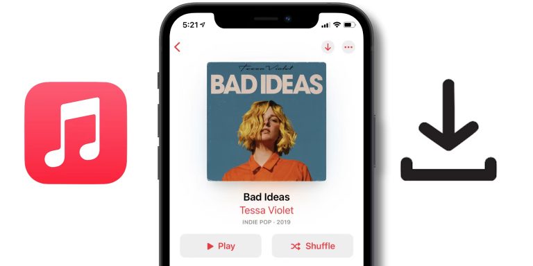 Apple Music download screen on iPhone with album cover art and download icon.